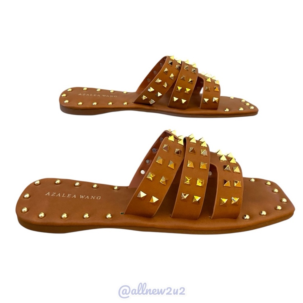 Azalea Wang Archer Gold Studded Sandals in Tan Size 7 - Picture 6 of 17
